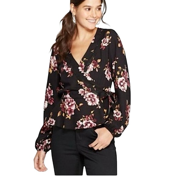 Xhilaration Black & Pink Floral V-Neck Cross Front Long Sleeve Blouse - Picture 1 of 8